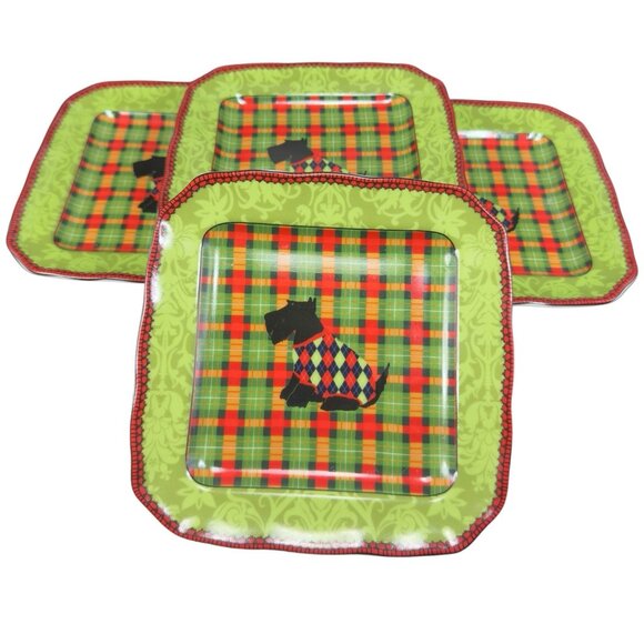222 Fifth Christmas Scotty Scottish Terrier Dog Argyle Set 4 Dish Plate 6inch - Picture 1 of 14